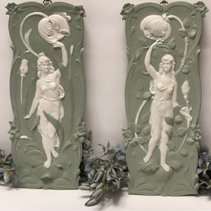 Rare Vintage Volkstedt Germany Jaspeware Wall Plaques. Sage/cream matte finish.